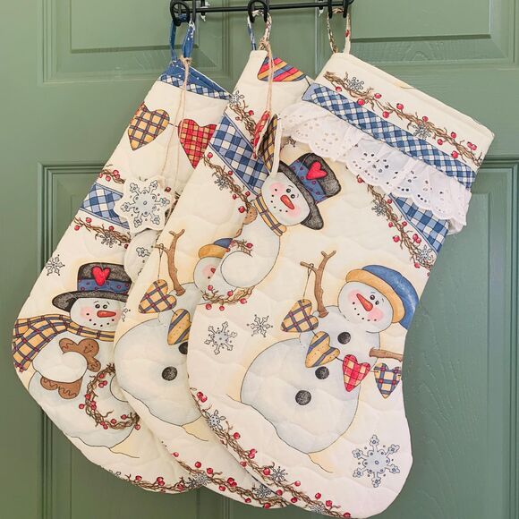 Set of 3 Repurposed Handmade Christmas Stockings Quilted Snowmen and Hearts, 17" - Picture 1 of 9